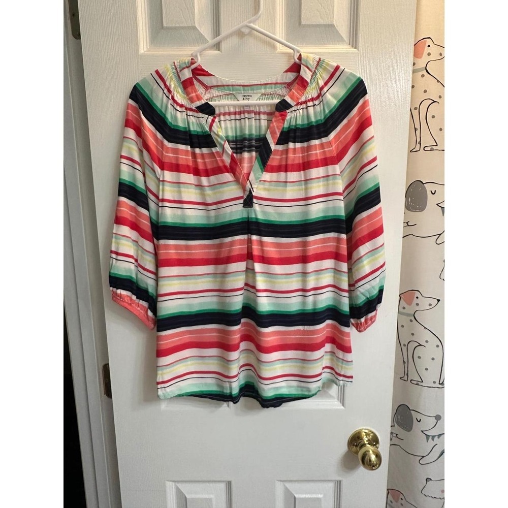 Crown & Ivy Women Multi-Color Striped Split Neck 3/4 Sleeve Rayon Blouse L